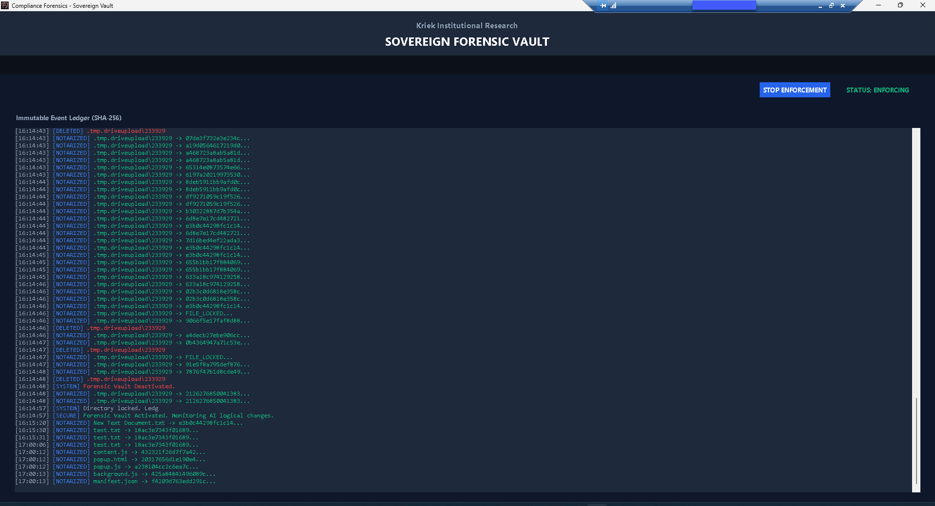 The Sovereign Forensic Vault engine — a real capture of files being hashed and sealed in real time